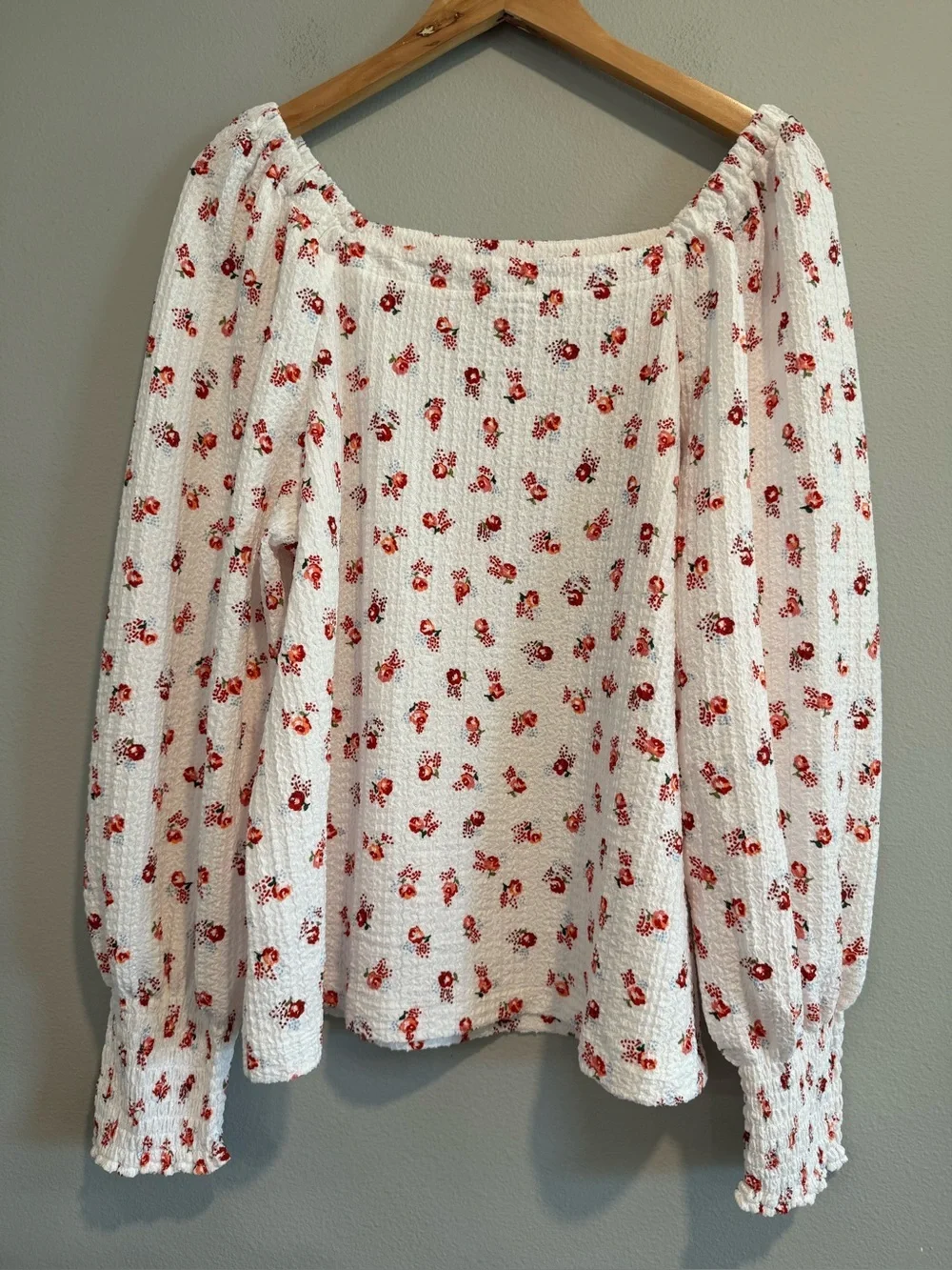 LOFT Smocked Long-Sleeve Floral Puff-Sleeve Top Cottagecore Boho Casual XL NEW